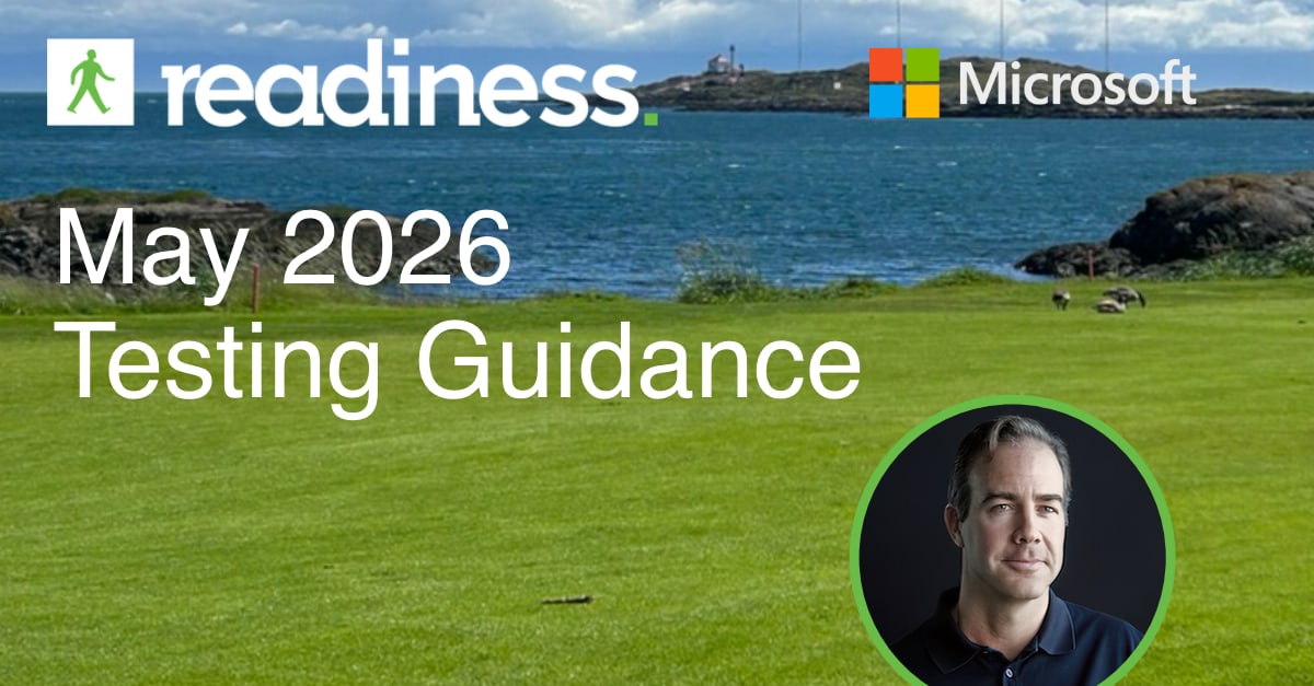 Readiness May 2026 Testing Guidance card over a coastal golf course view, with the Readiness and Microsoft marks